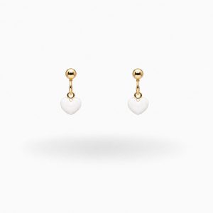 Pendientes de Plata Chapada en Oro con Corazón Colgante y Esmalte Blanco