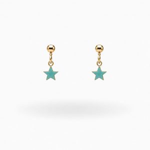 Pendientes de Plata Chapada en Oro con Estrella Colgante y Esmalte Aguamarina