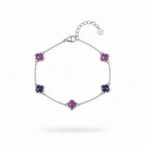 Pulsera Rolo de Plata con Flores de Circonitas Azules y Rosas