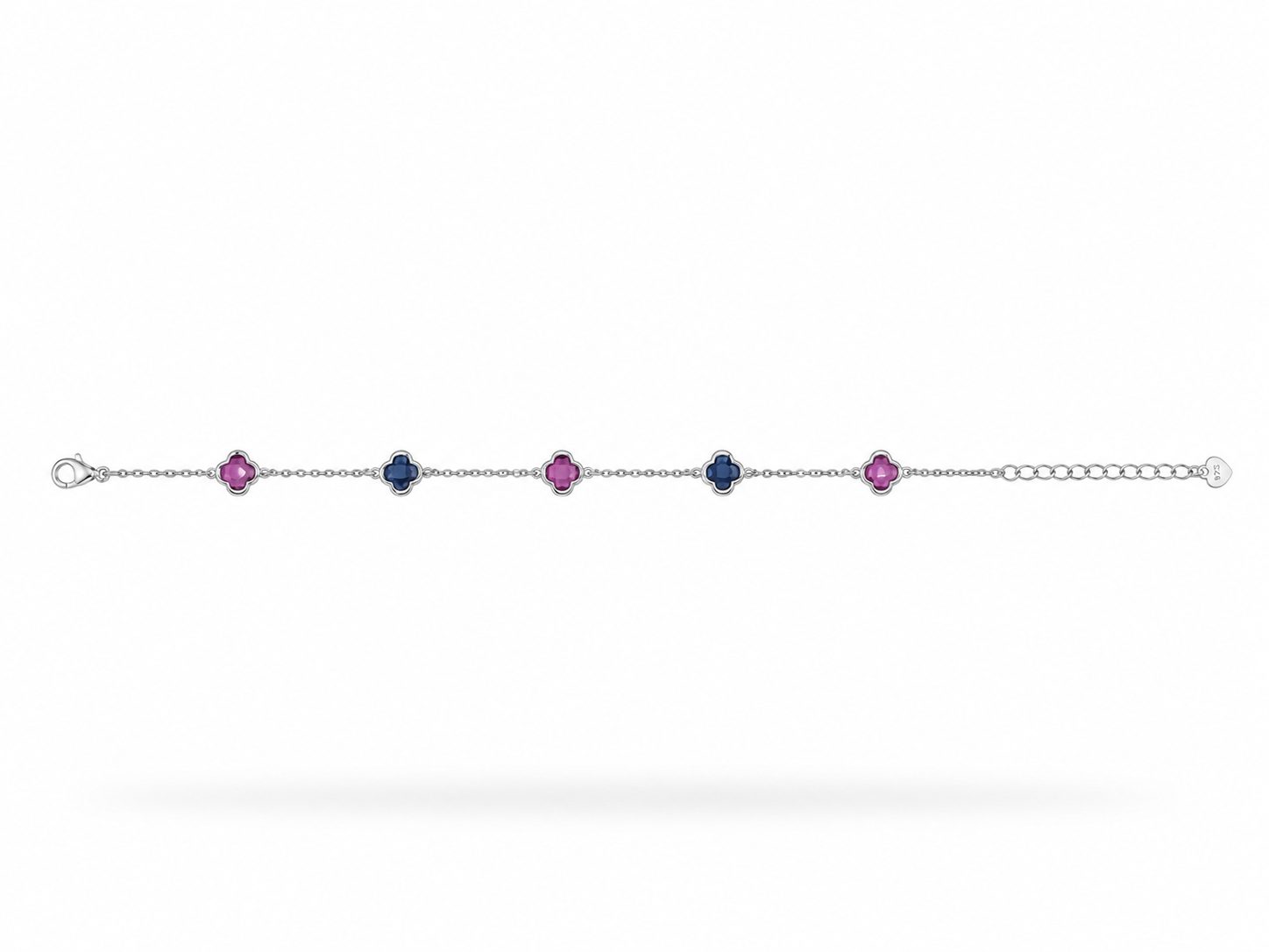 Pulsera Rolo de Plata con Flores de Circonitas Azules y Rosas
