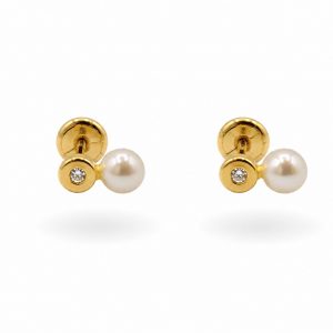 Pendientes Bebé "Tú y Yo" con Perla y Circonita en Oro 18K | 0,55 g