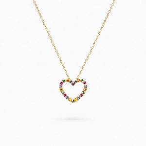 Collar Cadena Rolo con Corazón y Circonitas de Colores 40 cm en Oro de 18K