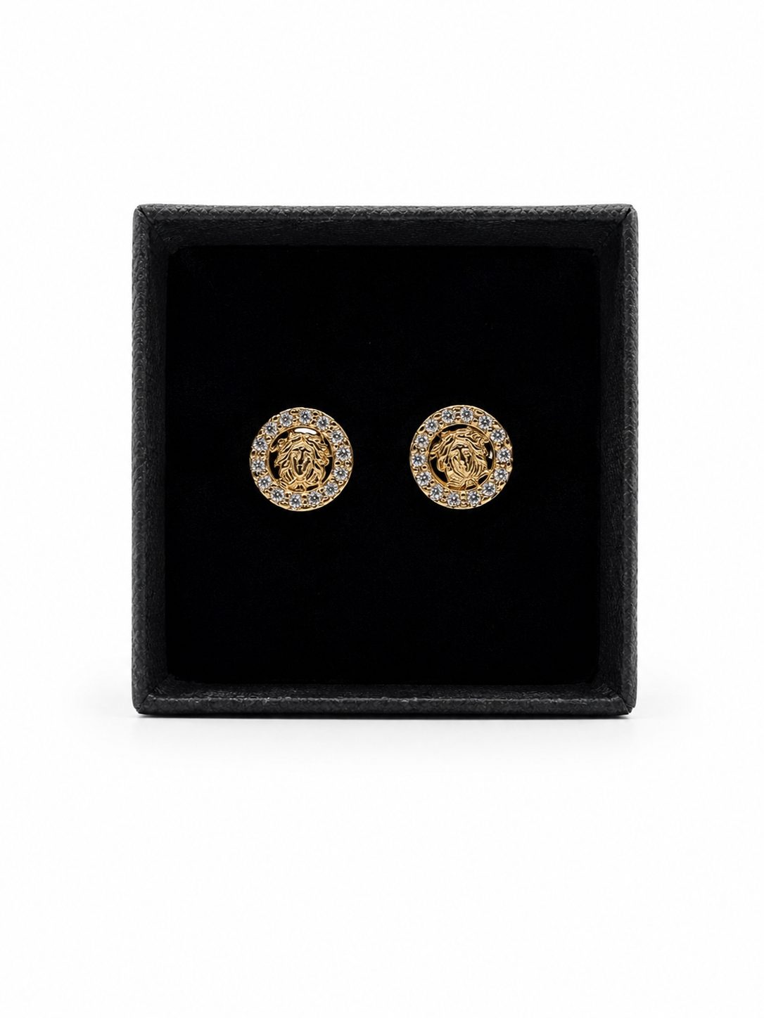 Pendientes Redondos Medusa con Circonitas en Plata Bañada en Oro