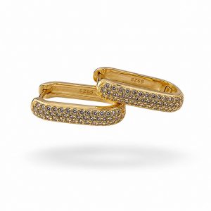 Pendientes Aro Rectangular con Circonitas en Plata Bañada en Oro