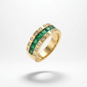 Anillo con Media Hilera de Esmeraldas y Diamantes en Oro 18K | Talla 14 | 9,08 g