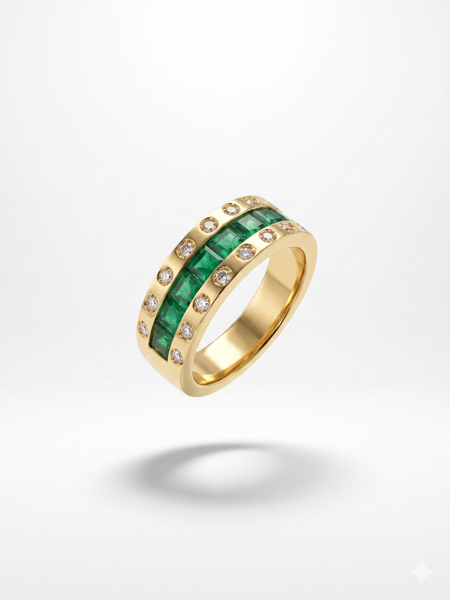 Anillo con Media Hilera de Esmeraldas y Diamantes en Oro 18K | Talla 14 | 9,08 g
