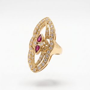 Anillo Lanzadera con Circonitas y Rubí en Oro 18K | Talla 17 | 8,05 g