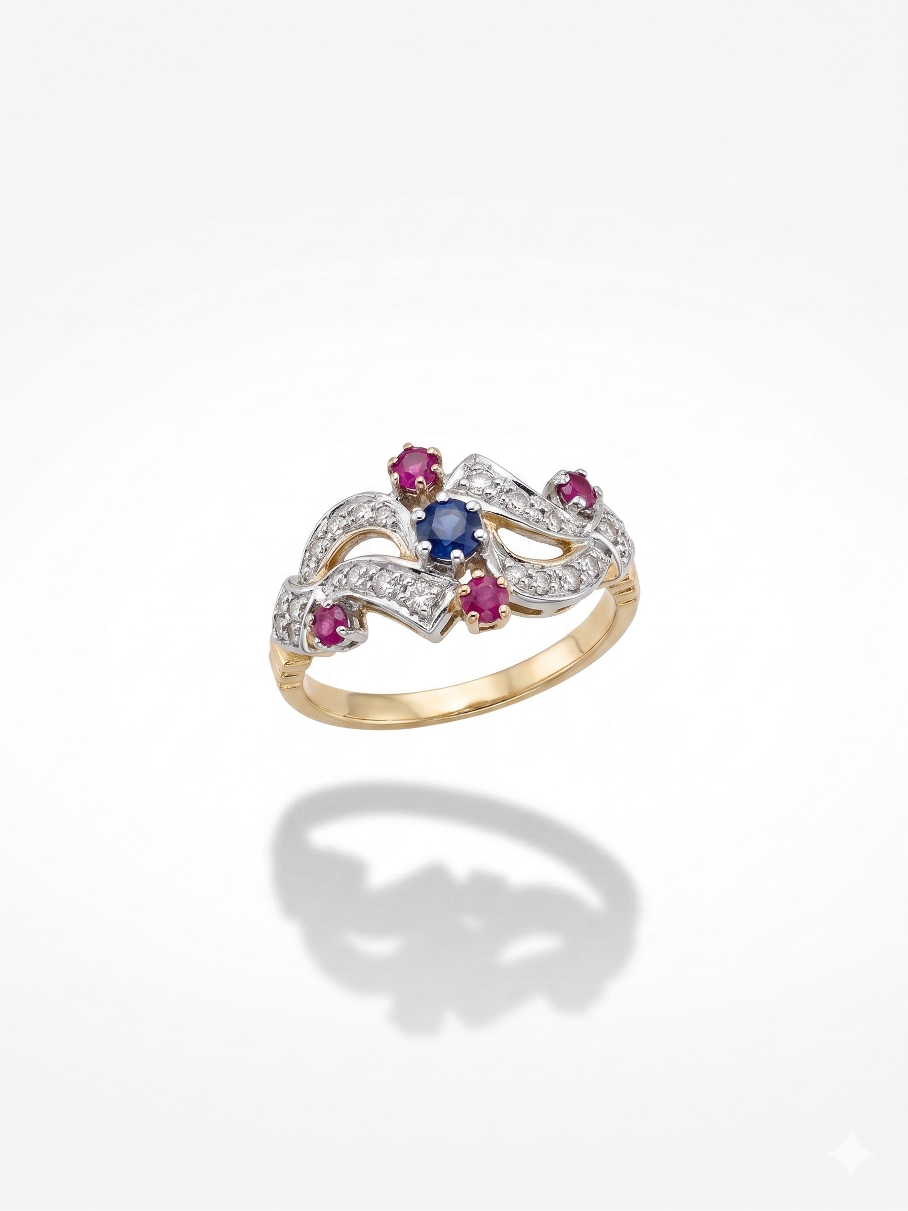 Anillo Vintage Bicolor con Piedras Semipreciosas y Circonitas en Oro 18K | Talla 14 | 3,6 g