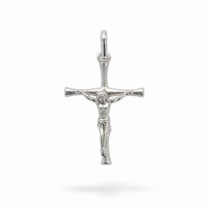 Colgante Cruz Fina con Jesucristo de Oro Blanco de 18K