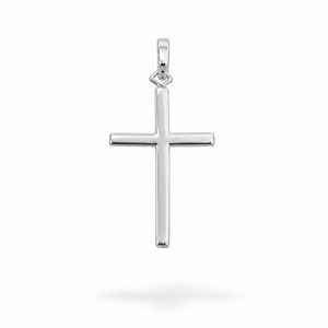 Colgante Cruz Ondulada con Circonitas y Piedra Azul de Oro Blanco de 18K