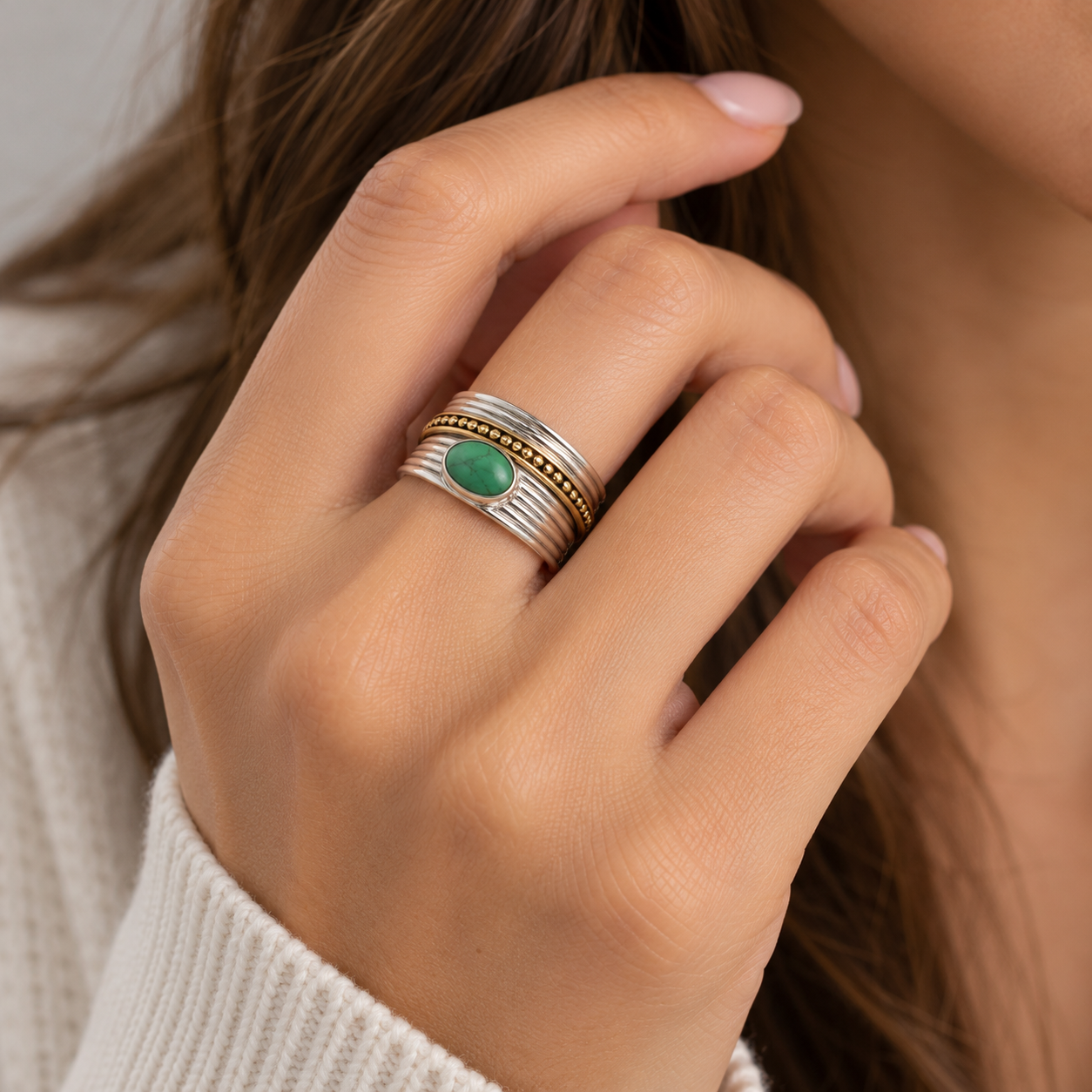 Anillo ancho de plata de ley 925 con turquesa ovalada – Estilo bohemio Talla 20
