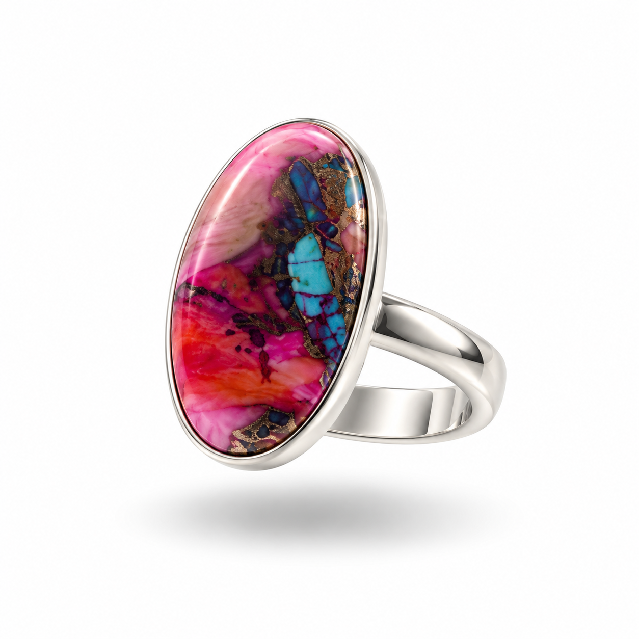 Anillo de plata de ley 925 con turquesa rosa, incrustaciones de cobre y destellos azules – Talla 21 5,25 g