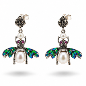 Pendientes de abeja colgantes en plata de ley 925 con marquesitas y perlas