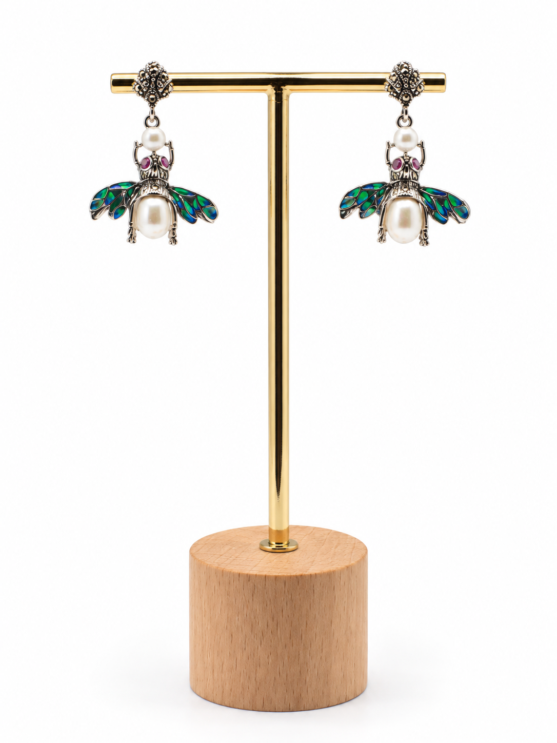 Pendientes de abeja colgantes en plata con marquesitas y perlas